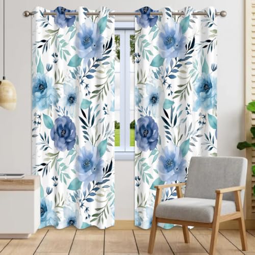 Blue Floral & Leaf Thermal Blackout Curtains 84 Inch Length 2 Panels Set - color: Floral-d