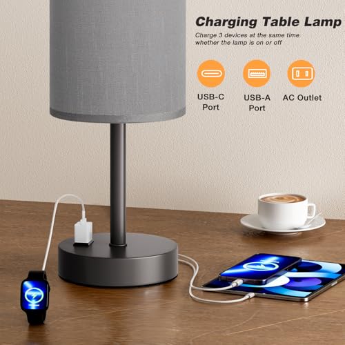 Fenmzee 17.4" Grey Lamp for Bedroom - Dimmable Touch, USB A+C, AC Outlet - color: Grey - Grey, size: 17.4"