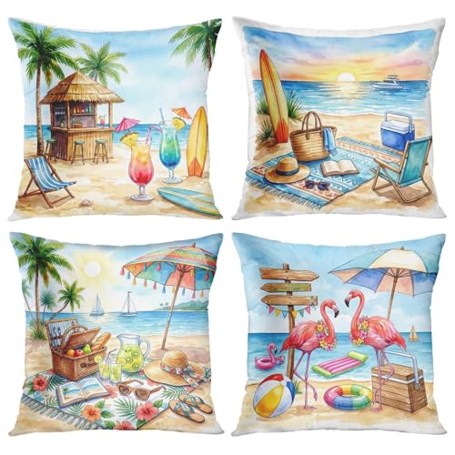Throw Pillow Covers, Coastal Ocean, Set of 4, 18"x18" - color: Summer Beach