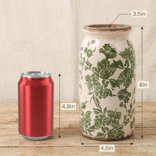 Vintage Chinoiserie Ceramic Vase, Ice Cracked Flower Vases, Hand-Painted Green Botanical Design for Living Room, Bookshelf, Office, Floral Antique Rustic Style Home Decor, 6.2 Inch (Green3-8in) - color: Green3-8in