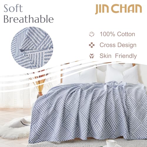 jinchan 100% Cotton Muslin Blanket Twin Boho Throw Blanket 60x80 Dusty Blue - color: B. Square Blue, size: 60"x80"