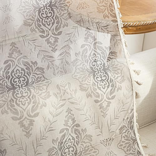 Khaki Geometric Sheer Curtains 63 inch Long, Fringed Edges and Textured Semi Sheer Curtains Large Window Treatments for Living Room/Bedroom, 2 Panels - color: Khaki Geometry, size: 52"W x 63"L (Pack of 2)