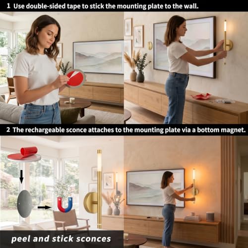 Battery Operated Wall Sconce Set of 2 Peel and Stick with Remote - color: Gold