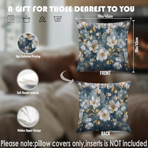 Vintage White Magnolia Floral Pillow Covers 18x18, Cottagecore Home Room Decor, Elegant Blue and Gold Flower Decorative Throw Pillow Covers Pillowcases for Living Room Home Bedroom - color: Blue 1, size: 18" x 18" (Pack of 1)