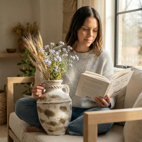 12 Inch Large Cermaic Vase, Rustic Farmhouse Flower Vase with Handmade Speckled Pottery, Brown Decorative vases for Table & Entryway Centerpiece Home Decor