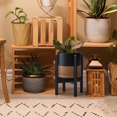D'vine Dev Ceramic Pot with Ebony Wood Stand, Black/Tan, 8 in, 55-B-M-7 - color: Black/Speckled Tan Pot + Ebony Stand, size: 8 Inch