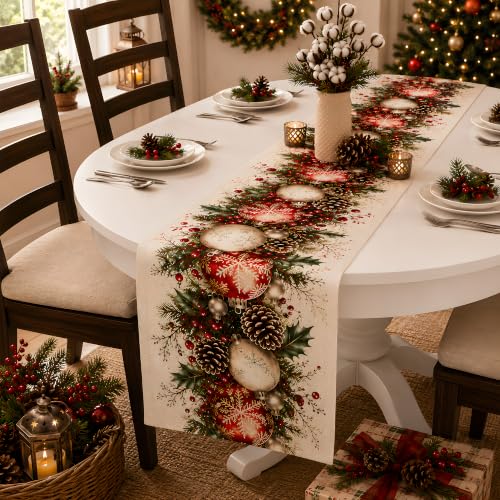 Christmas Decorations - Xmas Balls Snowflake Pine Cone Table Runner - color: Christmas Balls Snowflake