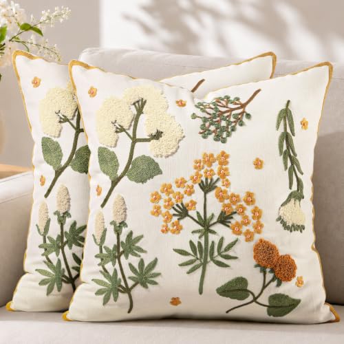 Embroidered Throw Pillow Covers 18x18, Set of 2, Meadow Flower - color: Meadow Flower, size: 18" x 18" (Pack of 2)
