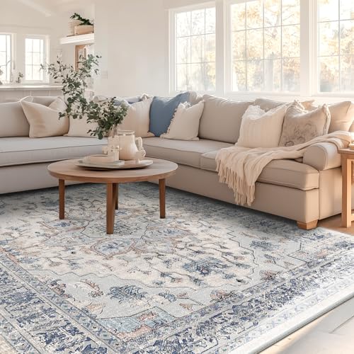 BESTSWEETIE Washable Boho 8x10 Area Rug, No Pile, Living Room, Beige Blue - color: Beige/Blue, size: 10' x 8' (Rectangular)