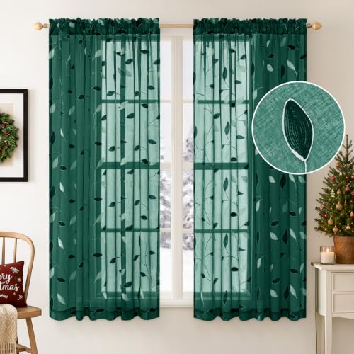 MIULEE Christmas Hunter Green Sheer Curtains Leaf Patterned, W52 x L63 - color: Hunter Green, size: 52"W x 63"L (Pack of 2)