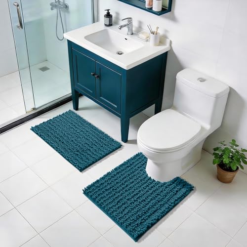 Yimobra Bathroom Rugs Non Slip Washable - Ultra Soft Absorbent Chenille Bath Mat, Quick Dry Shaggy Floor Carpet for Tub Shower, Rustic Turquoise Home Decor Accessories, 24x17 Inch - color: Peacock Blue, size: 24" X 17"