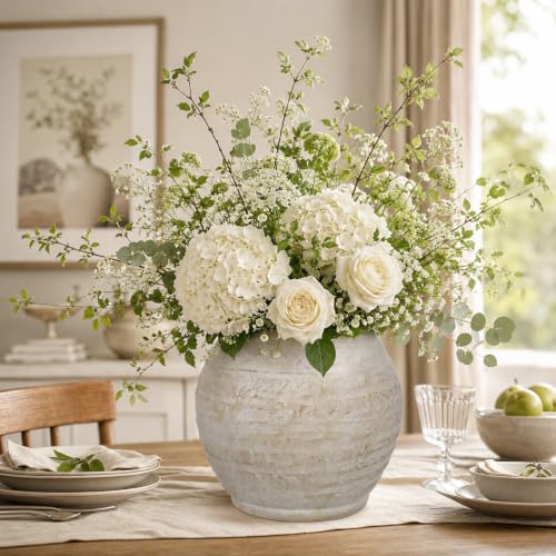 Briful Rustic Ceramic Vase for Home Decor, 7.4" Tall Farmhouse Vase, Beige - color: Cream White#751