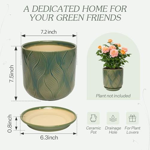 7.2 Inch Modern Ceramic Glaze Plant Pot with Drainage Hole,Mesh Net,Saucer,Indoor Outdoor Planter(Leaf-Green) - color: Leaf-green