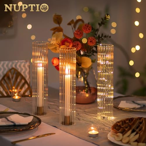 NUPTIO Hurricane Glass Candle Holders: Ribbed Cylinder Candlestick Cover - color: Ribbed