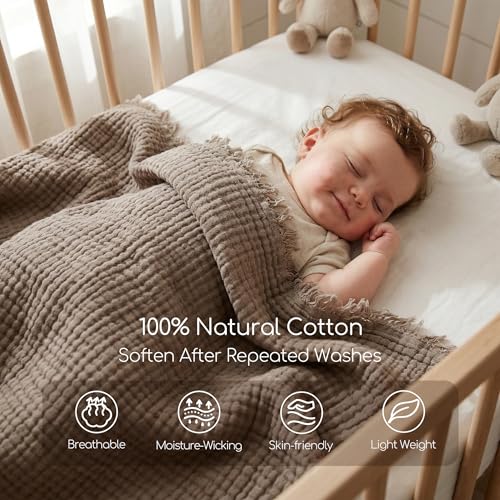 WDCOZY Muslin Blanket 100% Cotton Blankets Twin Size 4-Layer Breathable Lightweight for Couch Bed Boho Farmhouse Linen Tassels Ruffle Gauze Blankets 60x80 Inches Brown Mocha Chocolate Coffee Taupe - color: Mocha, size: Twin (60"x80")