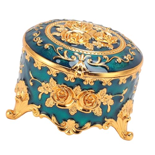 Vintage Round Metal Jewelry Box, Exquisite Hand-Carved Gold Pattern, Trinket for Rings, Earrings, Necklaces-Ideal Retro Keepsake or