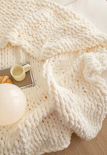 Chunky Knit Blanket Soft Chenille Yarn Knitted Throw Blanket 50"X60" Handmade Cable Warm Thick Giant Blanket for Couch Bed Trips (White, Throw 50"X60")?-¡ - color: Cream White, size: Throw 50"X60"