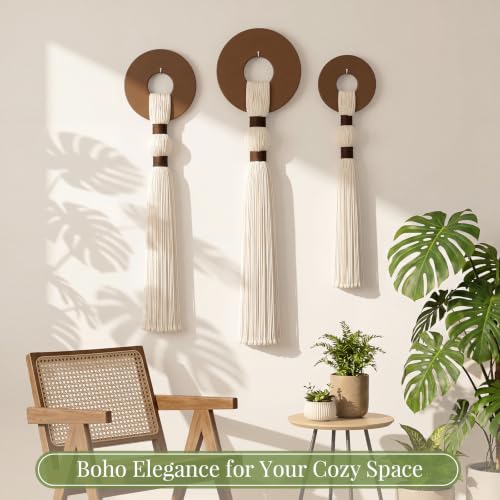 Tegeme 3 pcs Macrame Wall Hanging decor, Disc Tassel, Beige, Wood - size: Wood, style: Disc Tassel