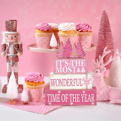 Britimes Pink Christmas Tiered Tray Decor Set, 4 Pack, Wooden Table Sign - style: Christmas Pink Tree