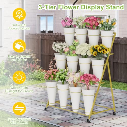 Flower Stand, 3 Tier Flower Display Stand with 12 Buckets, Upgrade Double Circle No Shaking, Outdoor Flower Cart with Wheels for Patio, Garden, Shop, Wedding, Party, Exhibition, Indoor, Gold - color: Gold