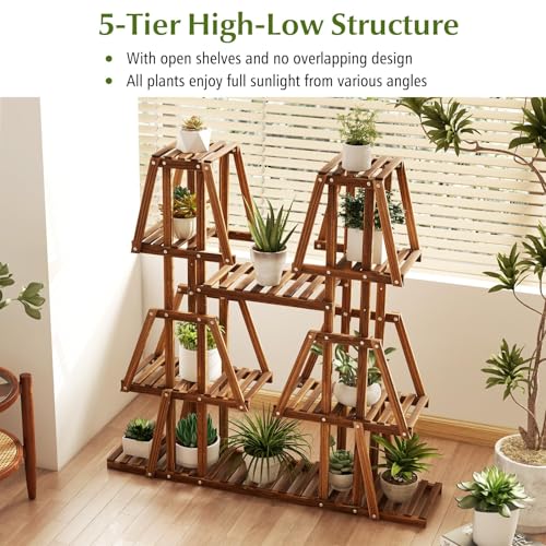 GIANTEX Plant Stand Indoor, 5-Tier Wooden Trapezoid Plant Holder Rack for Multiple Plants, Carbonized Pine Wood, Indoor Outdoor Flowerpot Holder Display Shelf for Living Room Balcony Patio Porch