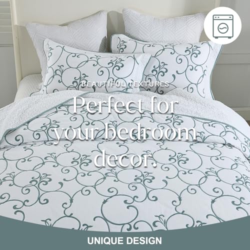 Oversized King Bedspread 120"x120" - 100% Cotton California King Quilt, Embroidered Bedspread Coverlet with Pillow Shams, Lightweight Quilted Bedding Set 3 Piece, Aqua Blue/White - color: White/Aqua Blue(turquoise), size: King/Cal King(120"x120")