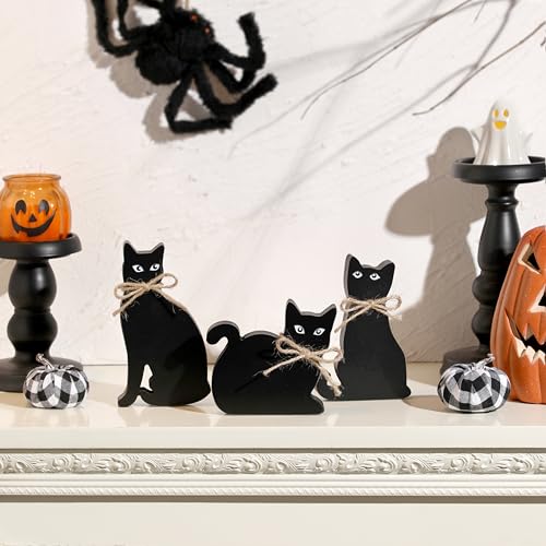 3 PCS Halloween Decorations Indoor, Black Cat Wooden Block Sign