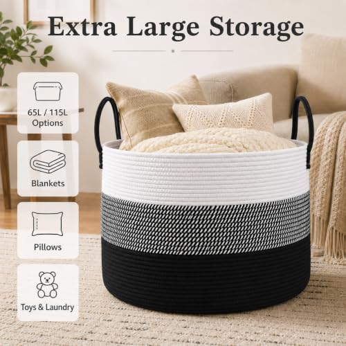 JMvicyroam 65L Extra Large Machine Washable Cotton Rope Blanket Basket - color: White&Black Mix, size: 65L