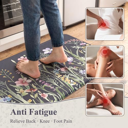 KIMODE Anti Fatigue Kitchen Mat, Farmhouse Floral Kitchen Rugs Grey Purple - color: Floral/Dark Grey/Purple, size: 47"L x 17.3"W x 0.47"Th + 29"L x 17.3"W x 0.47"Th