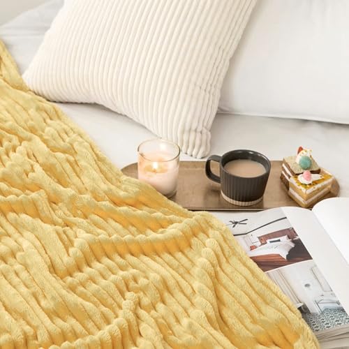 MIULEE Light Yellow Throw Blanket 3D Ribbed Jacquard Fleece Flannel Velvet Plush Decorative Bed Blanket (Throw, 50" x 60") - Super Soft, Lightweight, Warm and Cozy for Couch Sofa - color: Light Yellow, size: 50"x60"