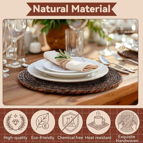 LemonRoad 13 Inch Boho Placemats Set of 6 Large Round Farmhouse Chargers Plate Mats Cattail Weave Woven Table Mats for Dining Plates Rustic Home Kitchen Wedding Party Table Decor, Dark Brown - color: Brown