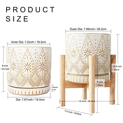 8 Inch Plant Pot with Stand, Ceramic Planter with Drainage Holes, Saucers and Mesh Pads for Indoor-Outdoor Plants - color: Creamy White, size: 8 Inch Planter with Stand