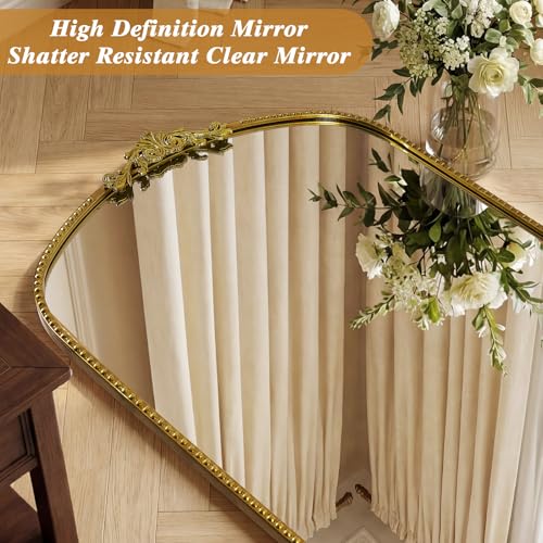 30"x40" Gold Vintage Mirror, Arched Wall Mirror with Beaded Frame - size: 40"L x 30"W