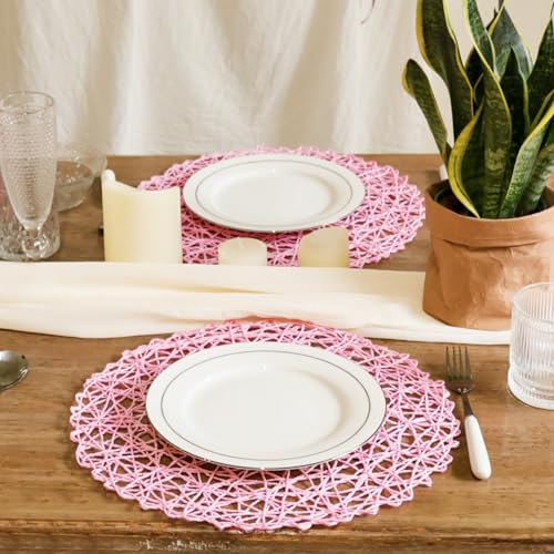 AHHFSMEI Paper Braided Round Placemats Set of 12 Natural Non-Slip Heat Resistant Table Mats for Dining Tables Woven Indoor Outdoor Place mats(Pink) - color: Pink