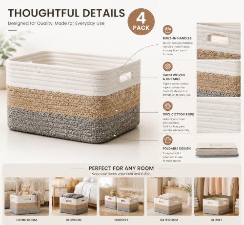 4 sets of hand-woven cotton rope storage boxes, suitable for toys, books, clothes, bathrooms, and car trunks used for organizing and decoration, Two 16x14x7 in and two 14x10x7 in - color: Khaki color