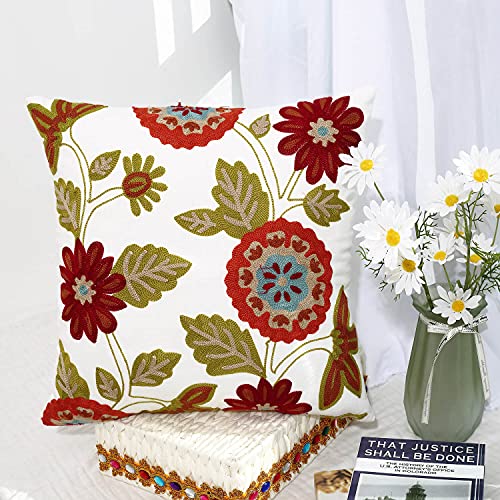 Throw Pillow Case Covers 18x18 inch Set of 2 Decorative Floral Embroidered Design on Solid Natural White Background for Couch, Sofa, Bed - Cushion Not Included