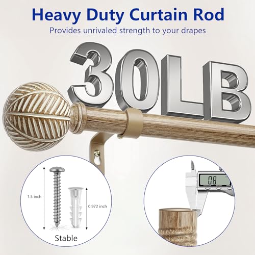 Wood Curtain Rods for Windows: 1 Inch Adjustable Heavy Duty Curtain Rod 48" to 86" with Imitation Wood Grain Leaf Pattern Finials,Boho Rustic Decorative Drapery Rods - color: Weathered Wood, size: 48"-86"|1 PACK