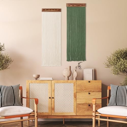Macrame Wall Hanging Boho Chic Home Decor Green Beige Tassel Yarn Tapestry - color: Rectangle-Green Beige-2PCS