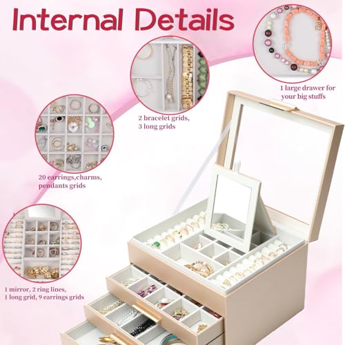 BOOVO Clear Lid Jewelry Box,4 Layers Jewelry Organizer Large Jewelry Storage Box with 3 Drawers,Jewelry Holder Organzier of Rings Earrings Necklace Bracelets for Women (Champagne, 4 Layer) - color: Champagne, size: 4 Layer
