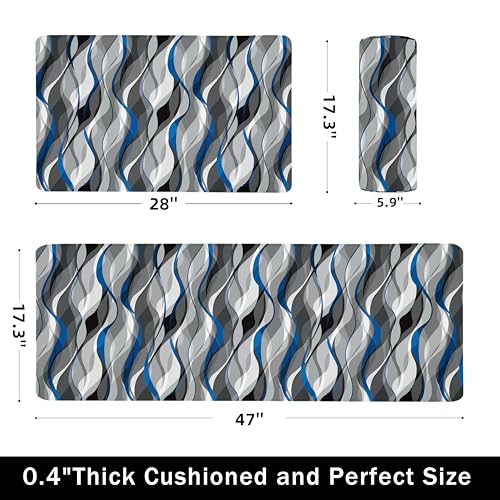 Kitchen Mats for Floor Modern Abstract kitchen rugs Grey and Blue Stripe Anti Fatigue Kitchen Mats Waterproof Floor Mats Cushioned Non-Skid Standing Mats for Kitchen, Set of 2,17.3 x 28+17.3 x 47 - color: Grey and Blue