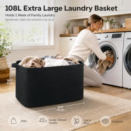 OIASKET 108L Extra Large Blanket Basket Living Room, 24.8" x 16.2" x 16.2" - color: Black, size: 24.8" x 16.2" x 16.2"