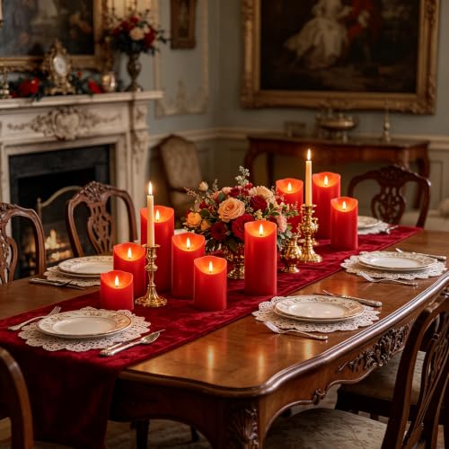 Nimiko Flameless Candles with Remote, Battery Operated Flickering Flameless Candles, LED Candles with Timer 2/4/6/8H, with Realistic LED Candles Set of 9 (D3 x H 3" 4" 5" 6" 7") (Red) - color: Red