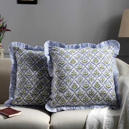 Ridhi Light Steel Blue Block Print Ruffle Pillow Covers 16x16 Inch Set of 2 - color: Light Steel Blue, size: 16" x 16" (Pack of 2)