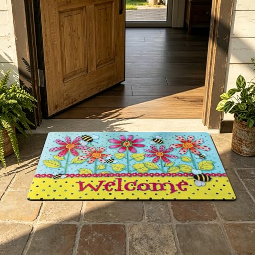 Welcome Mat 17x29 Non Slip Rubber Back Door Mat Outside Entrance - color: Polka-dot Bee