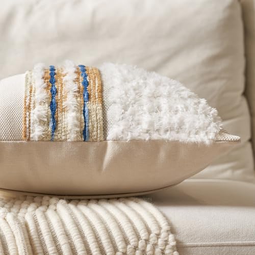 Aeckself Boho Chenille Tufted Throw Pillow Covers 18x18 Inch Set of 2, Farmhouse Decorative Striped Square Pillow Covers Accent Neutral Pillowcase for Living Room Couch Bed, Caramel Brown - color: Caramel Brown