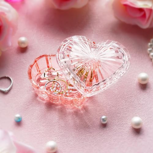 Glass Heart Shaped Jewelry Box with Lid, Ring Earring Trinket Storage Box - color: Pink