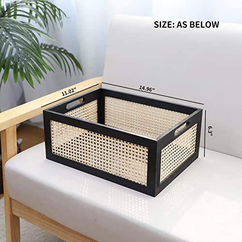 Black Wooden Rattan Storage Basket with Handle,14.96"x11.02"x6.30" - color: Black, size: Large (Set of 1)