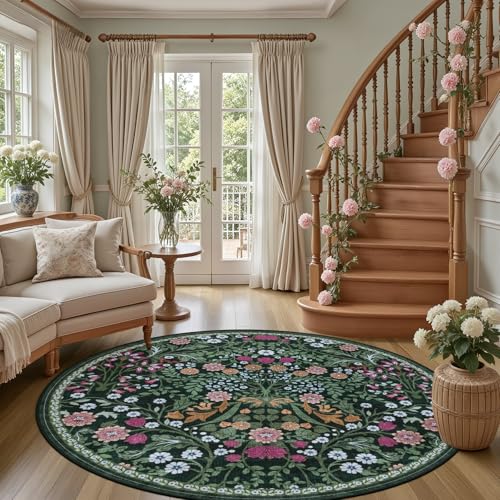 PLHXFR Round Area Rug Living Room: 6 ft Floral Washable Carpet Dark Green - color: Dark Green, size: 6' (Round)