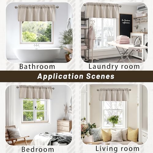 JIUZHEN 52x18 Inch Kitchen Valance - Thick Textured Linen Striped Window Valance Curtain with 3" Rod Pocket, Vertical Striped Brown (1 Panel) - color: Vertical Striped Brown, size: 52"W x 18"L (Pack of 1)