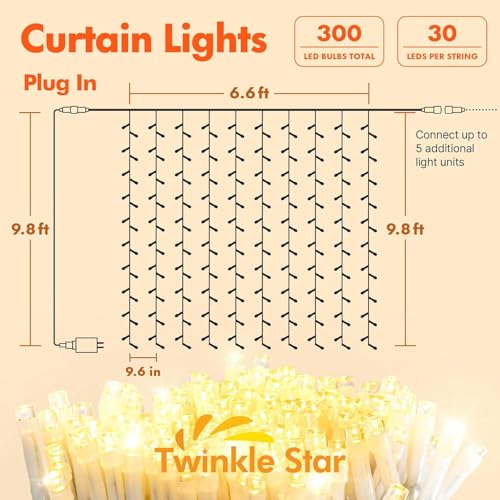 Twinkle Star 300 LED Window Curtain String Lights, Warm White, 2 Pack - color: *Warm white, size: 300 LED-2PACK